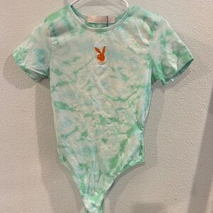 PLAYBOY Green and White Tie-Dye Bodysuit